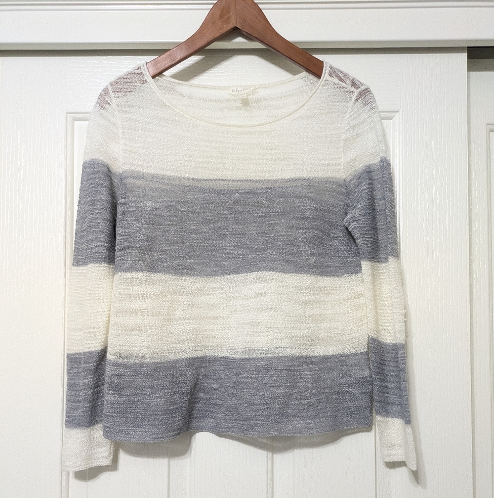 EILEEN FISHER Linen Striped Light Gray White Sweater Long sleeve Women's XSmall